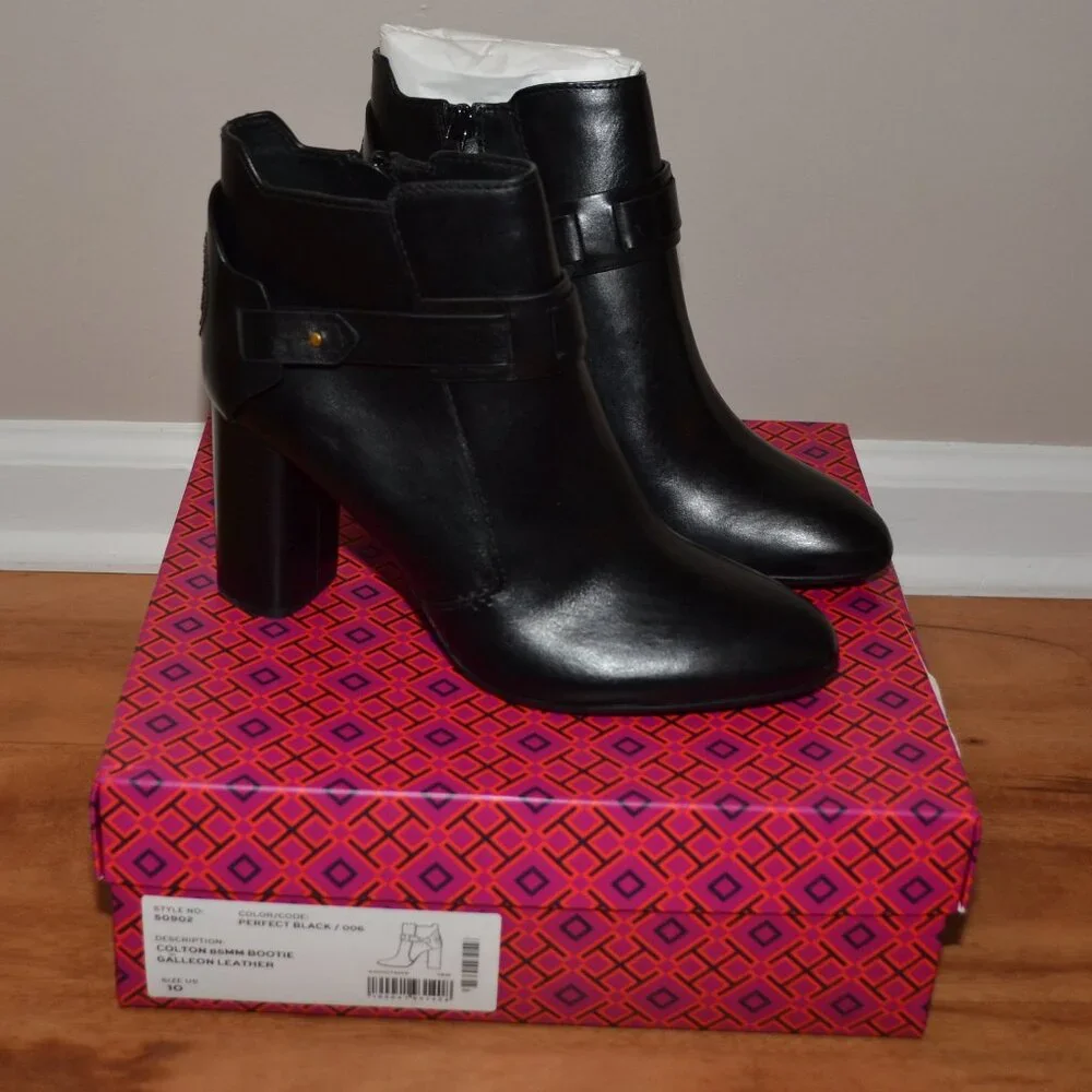 Tory Burch NEW Black Colton Leather Heeled Big Logo Side zip Bootie sz 10
